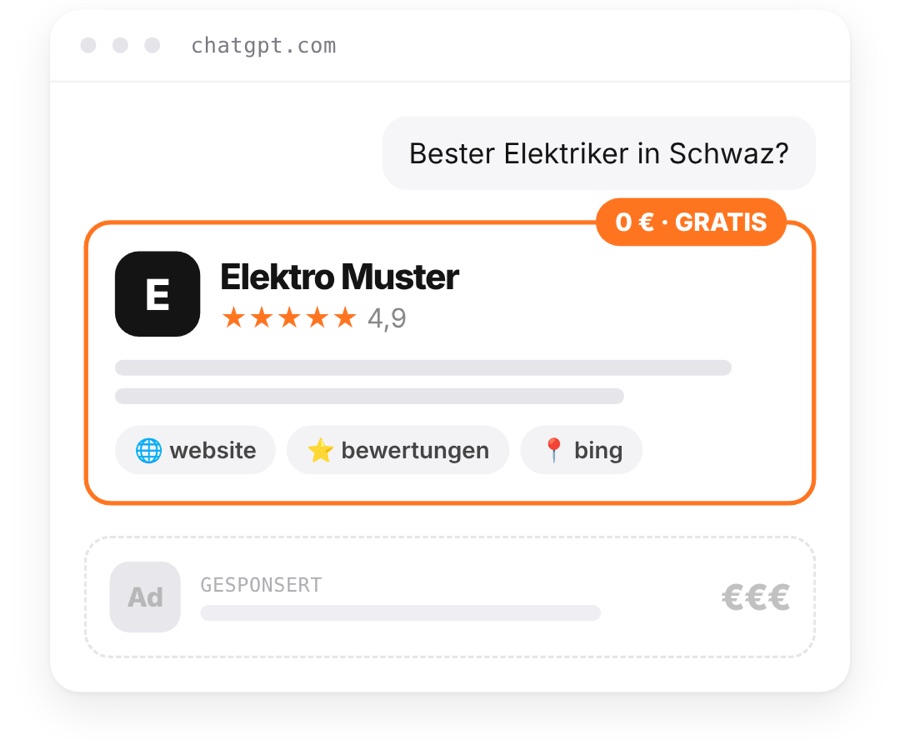 ChatGPT empfiehlt einen Elektriker gratis in der Antwort, darunter ist ein bezahlter Werbeplatz